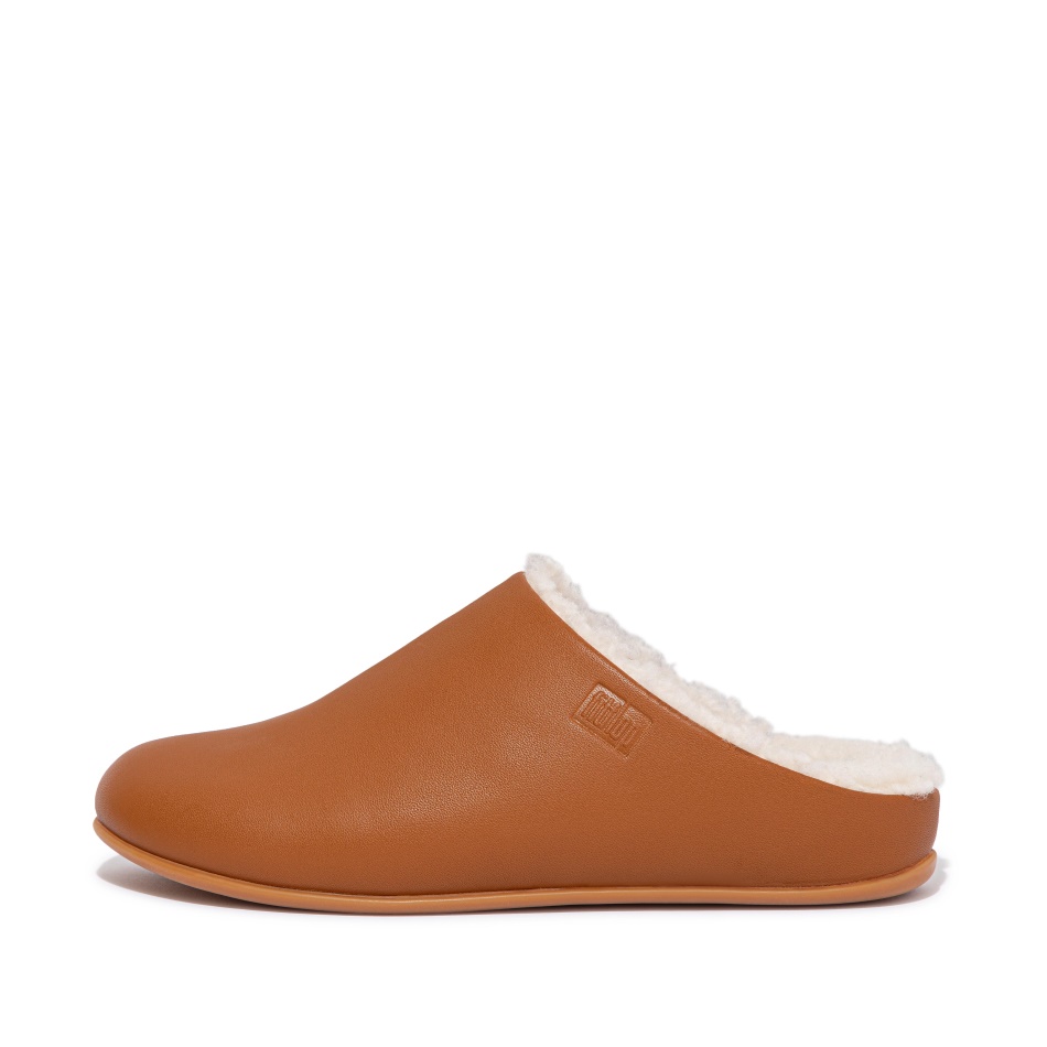 Fitflop Curly-Shearling Leather Slippers Light Tan