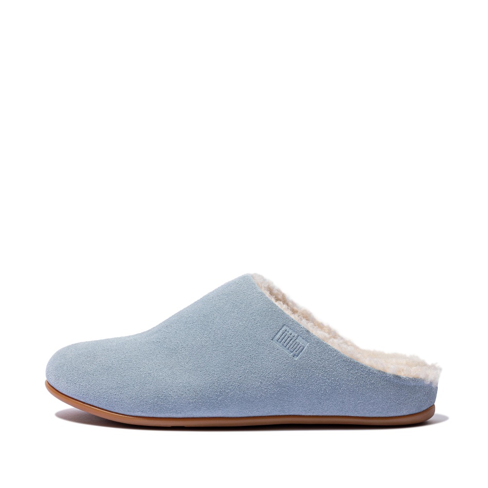 Fitflop Curly-Shearling Suede Slippers Pale Blue