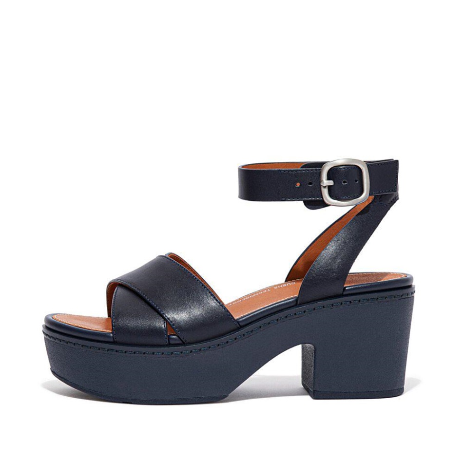 Fitflop Leather Ankle-Strap Platforms Midnight Navy