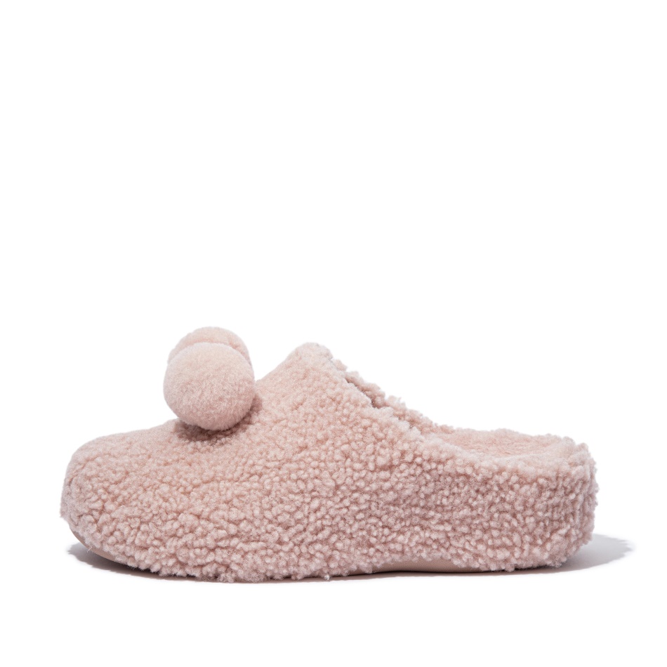Fitflop Pom-Pom Shearling Clog Slippers Soft Pink