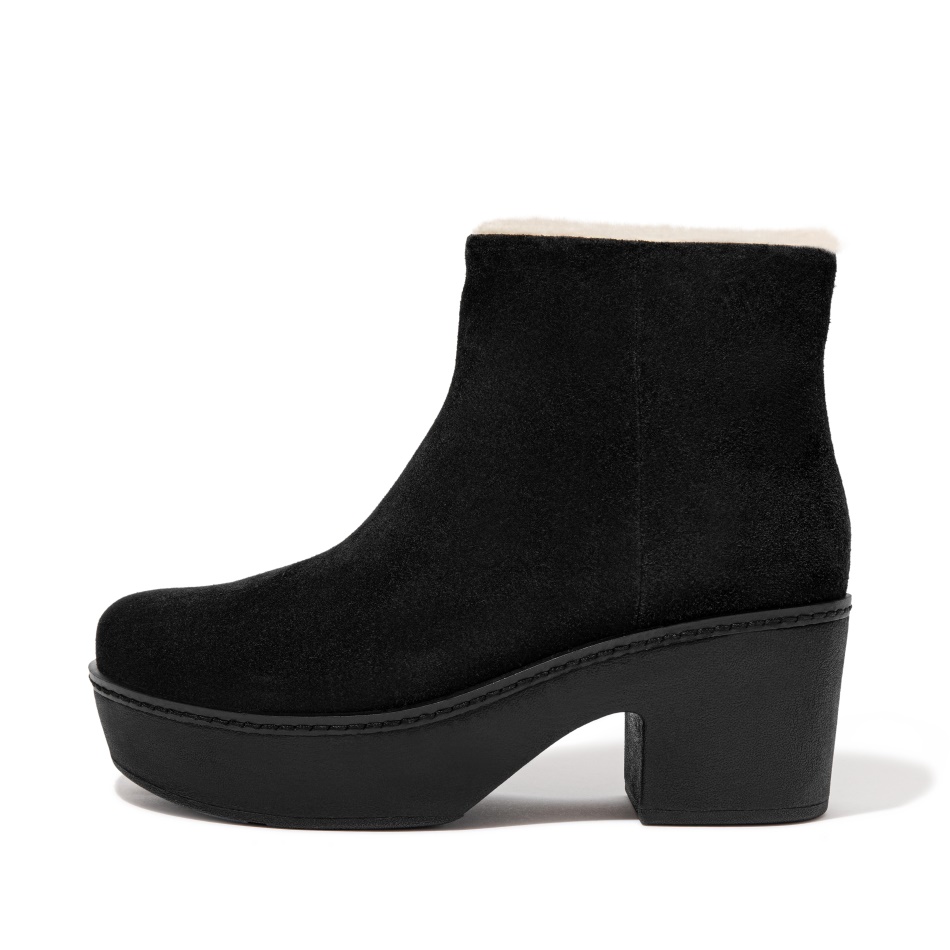 Fitflop Shearling-Lined Suede Platform Ankle Boots All Black