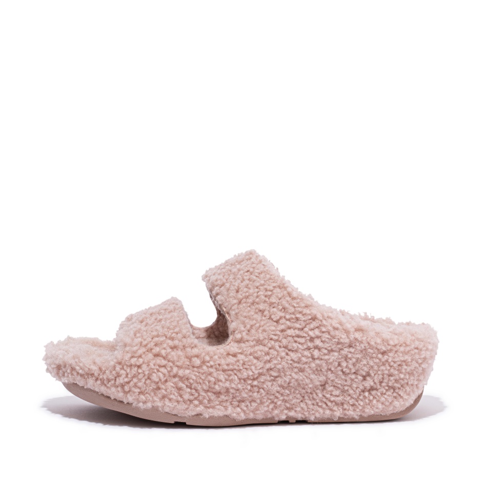 Fitflop Two-Bar Shearling Slides Soft Pink